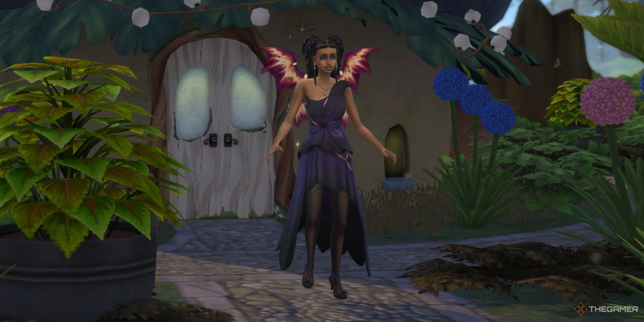 Sim bay lượn gần trung tâm tiên tử ở Everdew trong The Sims 4 Enchanted By Nature.