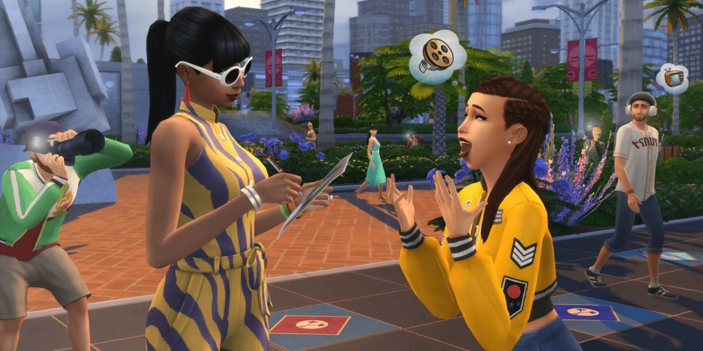 Sim đang gặp gỡ một người nổi tiếng và được chụp ảnh trong The Sims 4 Get Famous.