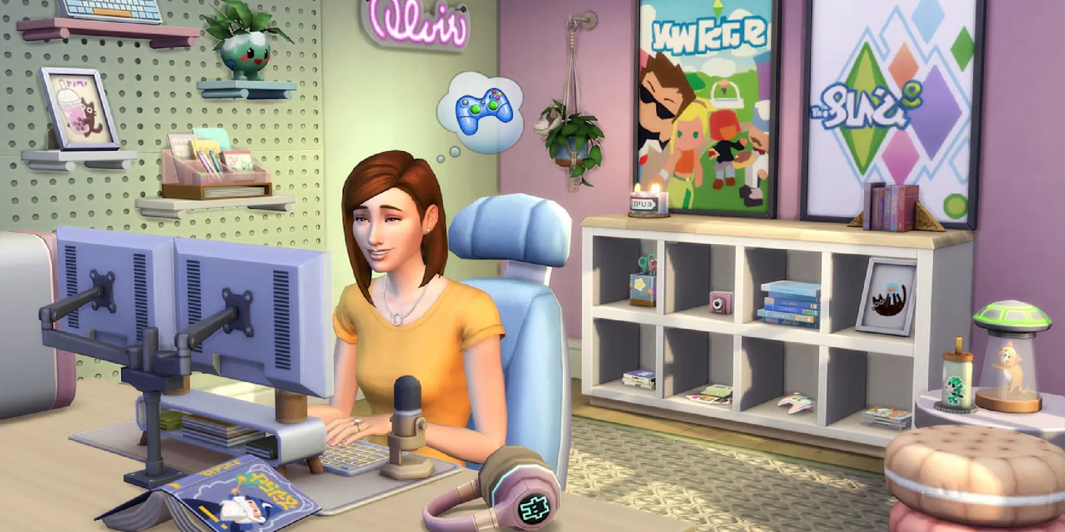 Sim đang ngồi làm việc trên máy tính trong căn phòng ấm cúng trong The Sims 4.