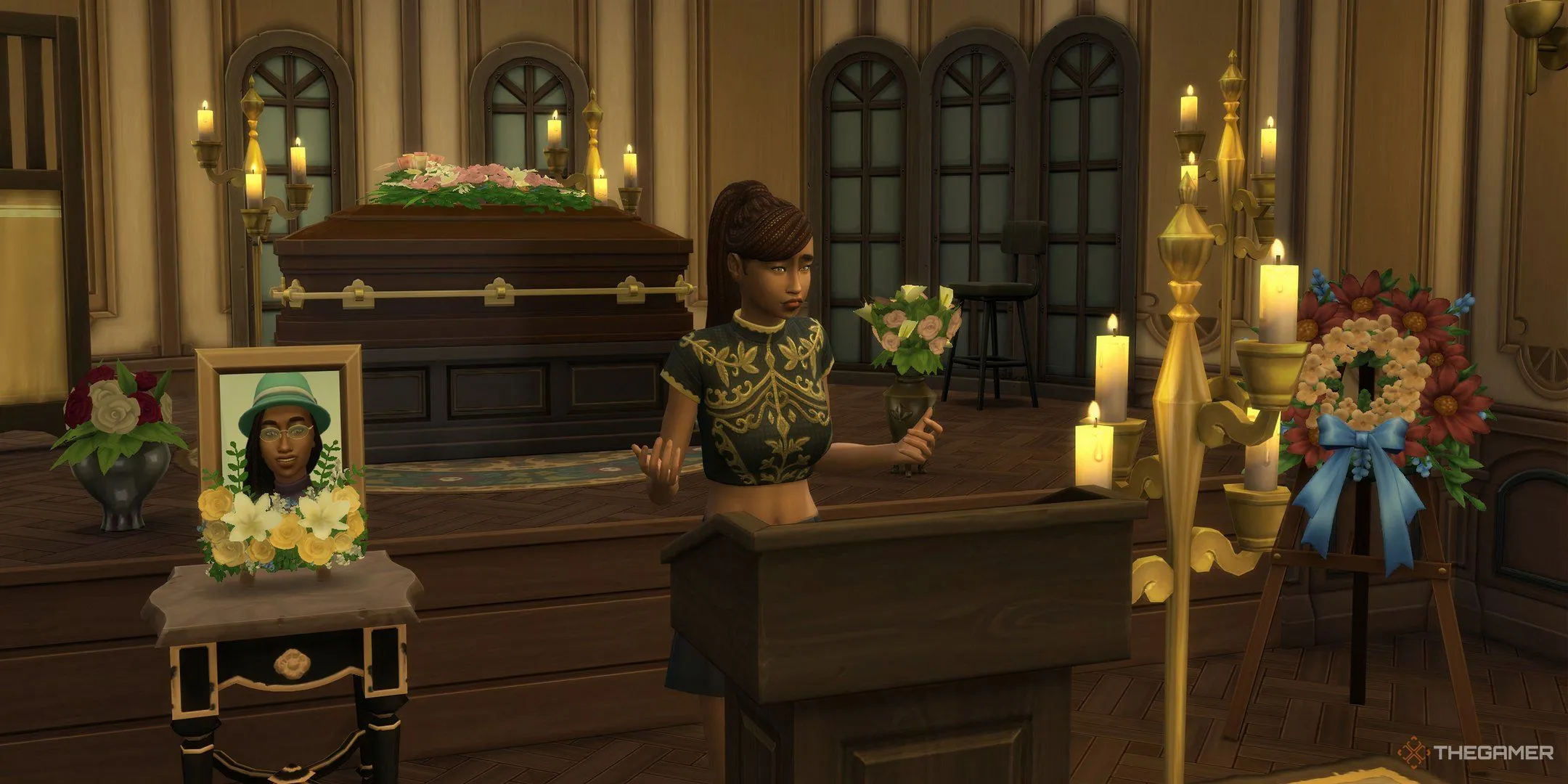 Sim đang tiến hành một nghi lễ tang lễ trong bối cảnh các yếu tố sinh tử của The Sims 4.