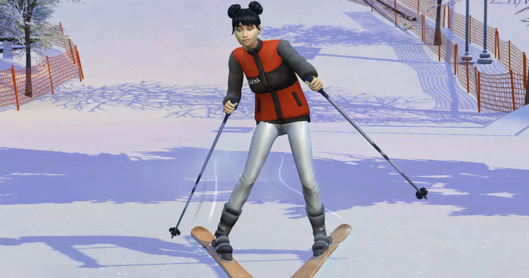 Sim mặc đồ trượt tuyết đang lướt trên sườn núi phủ tuyết trắng trong The Sims 4 Snowy Escape.