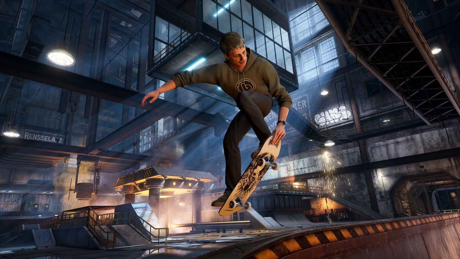 Skater thực hiện động tác grind trên đường ray trong Tony Hawk's Pro Skater 3+4