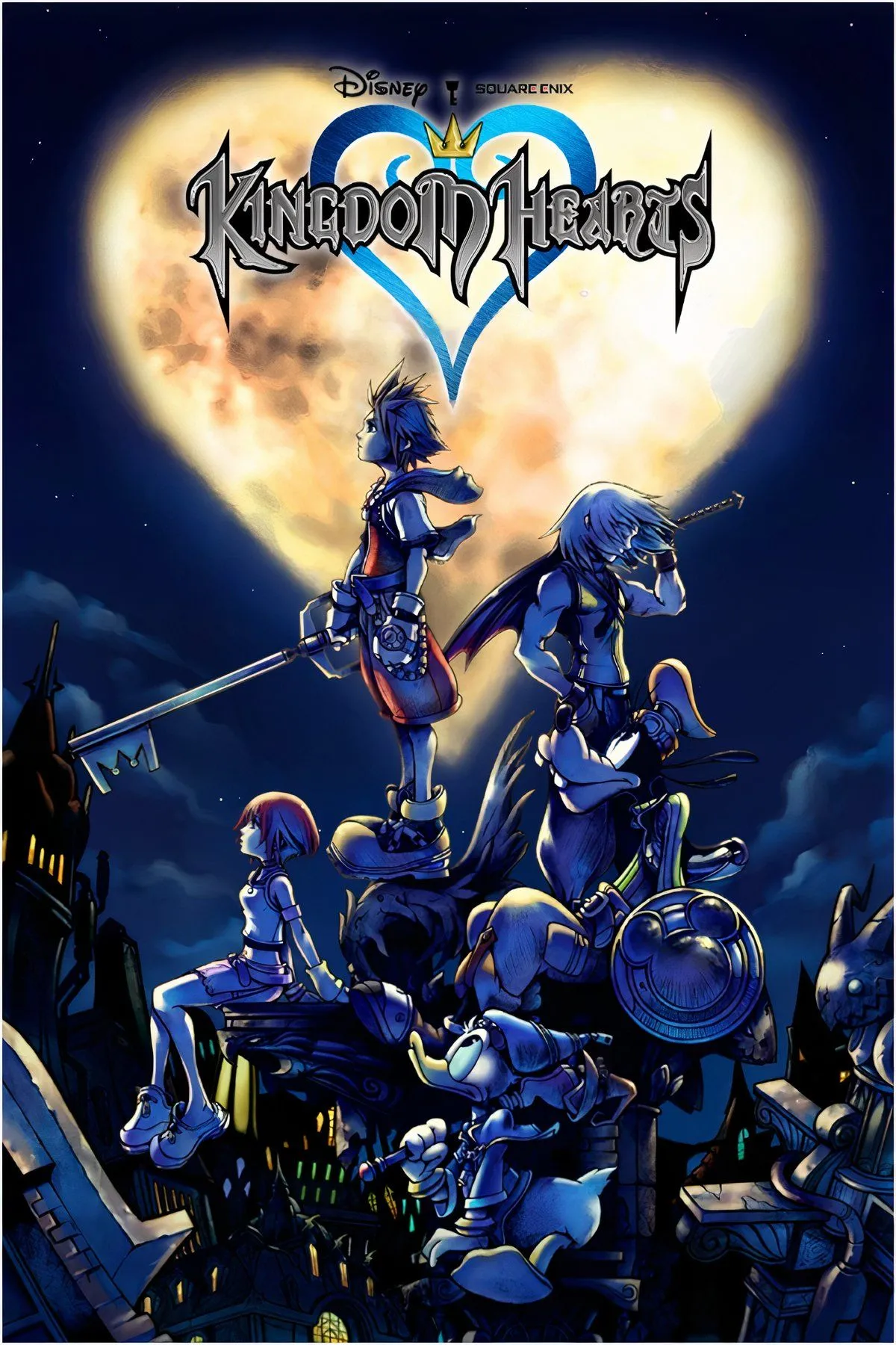 Sora, Goofy và Donald trong Kingdom Hearts cùng các nhân vật Disney khác.