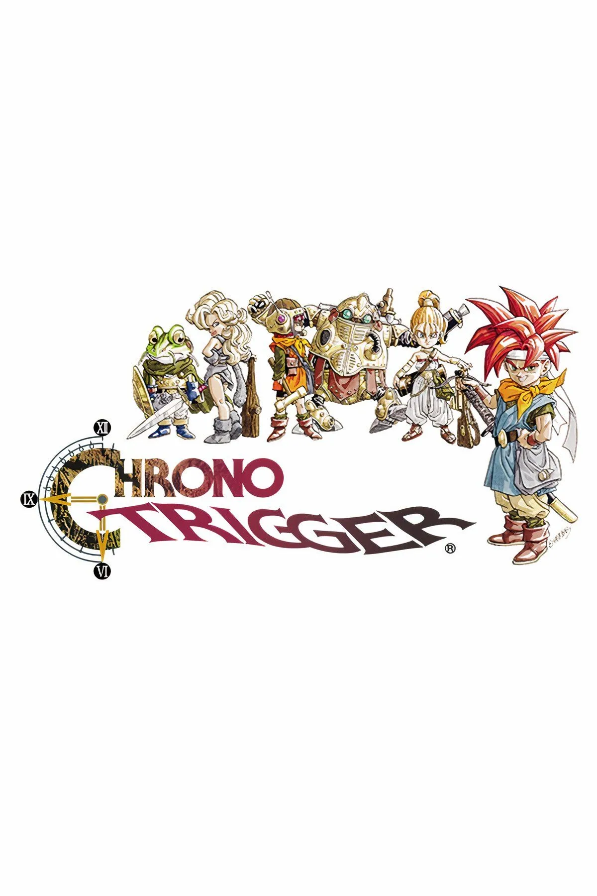 Tạo hình các nhân vật chính trong Chrono Trigger, bao gồm Crono, Marle và Lucca.