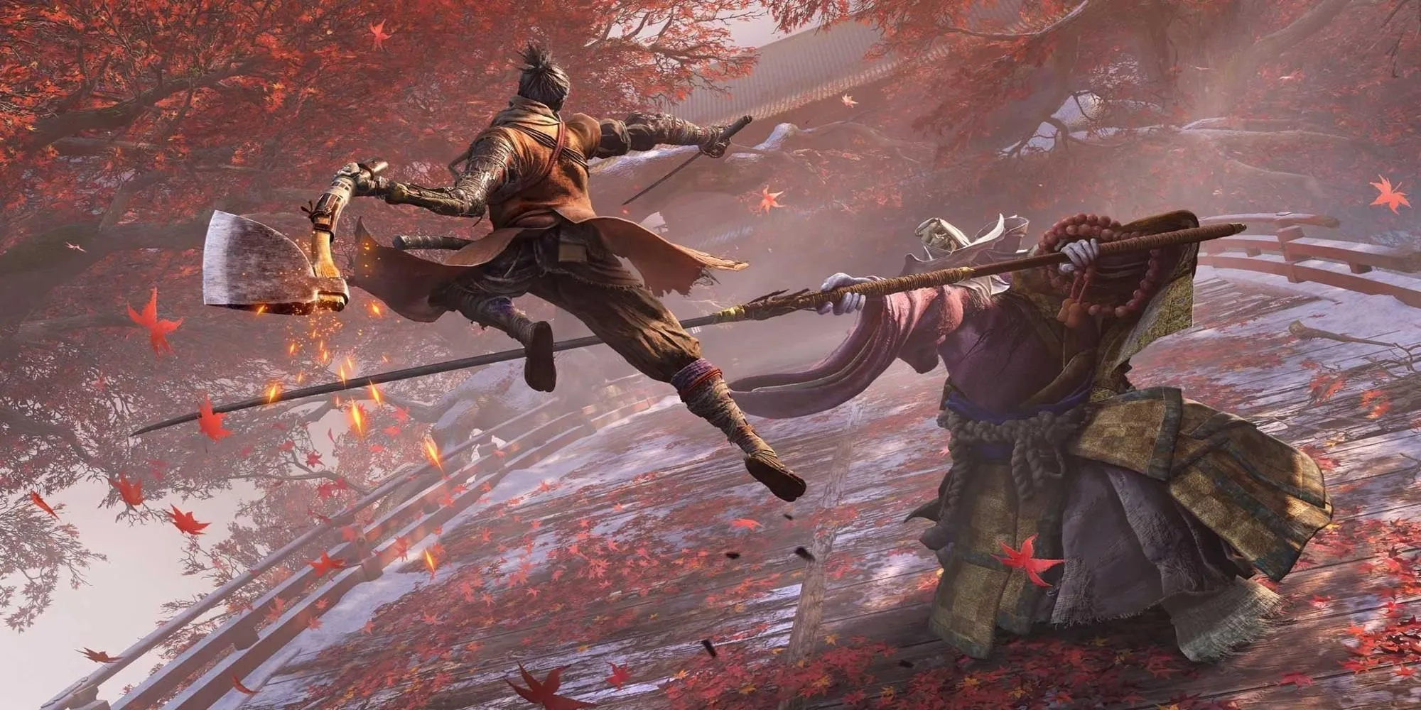 Tengu Wolf tung đòn quyết định vào True Corrupted Monk, thể hiện lối chơi tấn công dồn dập trong Sekiro: Shadows Die Twice