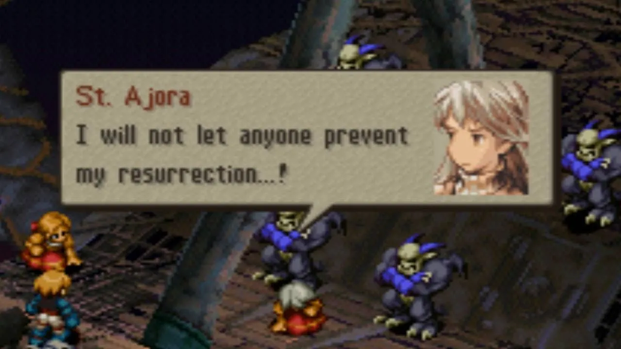 Thánh Ajora chuẩn bị hồi sinh trong bối cảnh chiến tranh ở Final Fantasy Tactics.