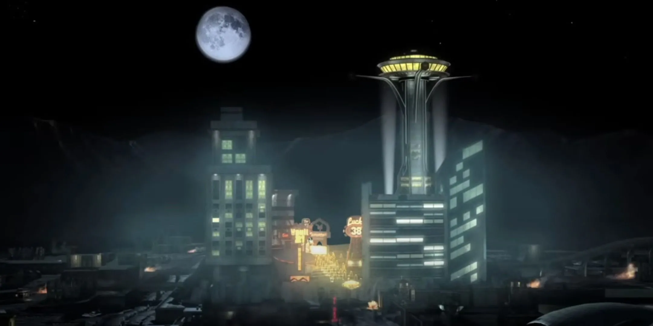 Thành phố New Vegas rực rỡ giữa hoang mạc hậu tận thế trong Fallout: New Vegas.