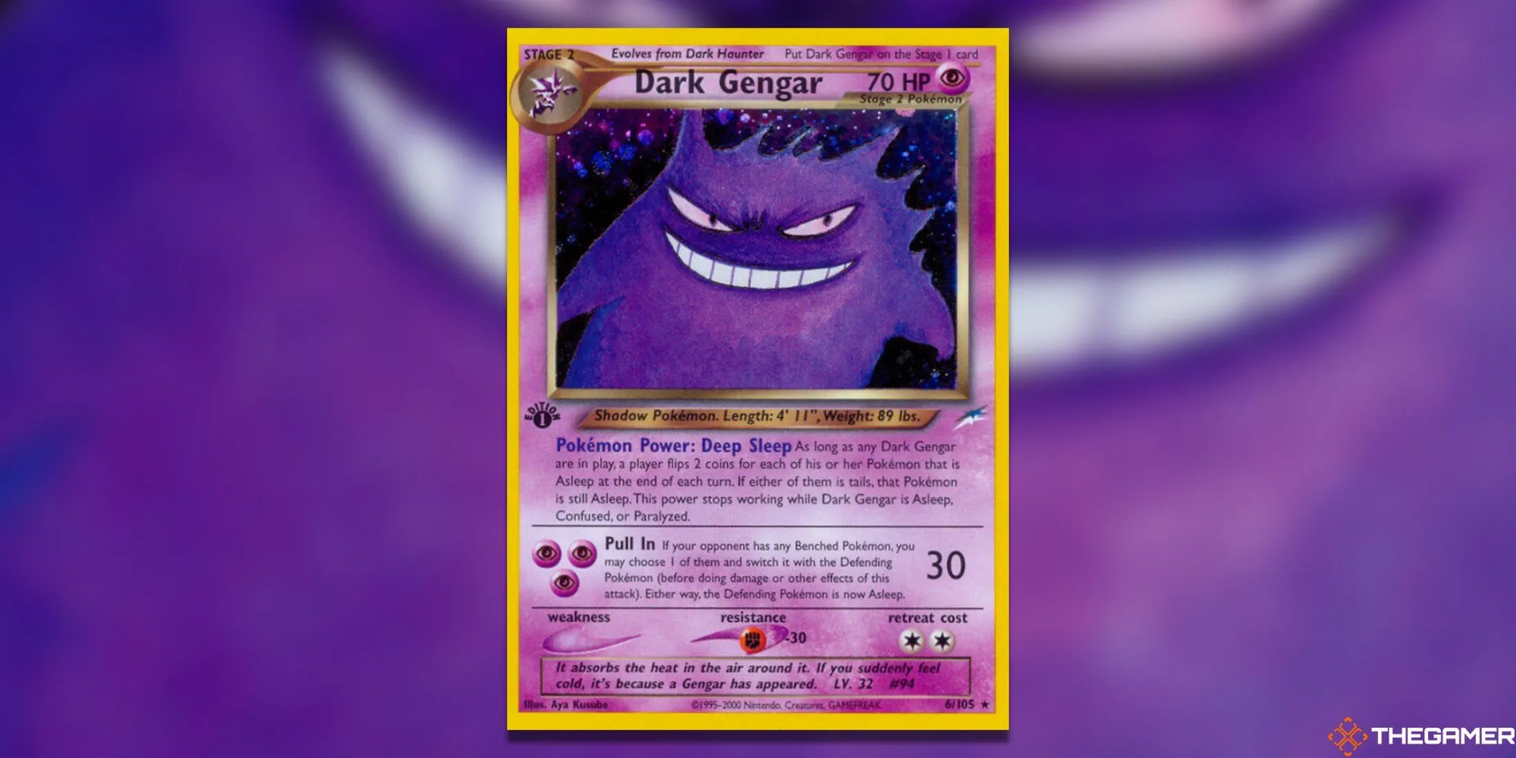 Thẻ bài Dark Gengar Holo Rare từ bộ Neo Destiny của Pokemon TCG, với tạo hình ma mị, thể hiện sự đáng sợ của Pokémon hệ Ma.