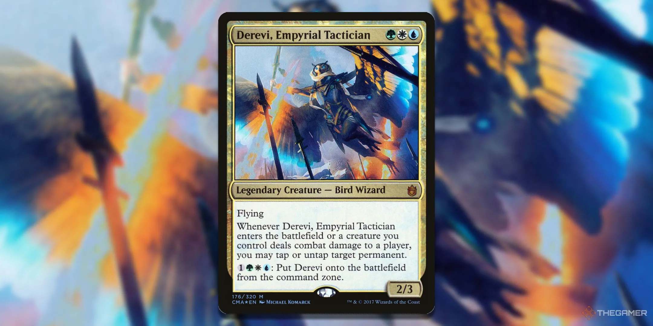 Thẻ bài Derevi, Empyrial Tactician, vị tướng chim nổi tiếng của deck Commander Evasive Maneuvers trong MTG.