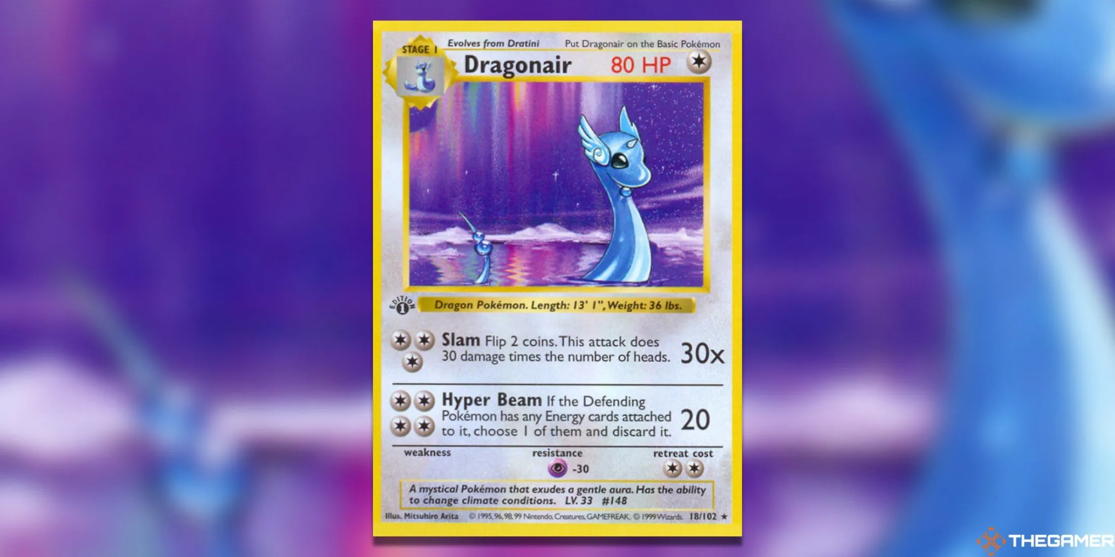 Thẻ bài Dragonair First Edition Base Set Rare trong Pokemon TCG, một thẻ hiếm từ bộ đầu tiên với giá trị tăng vọt bất ngờ