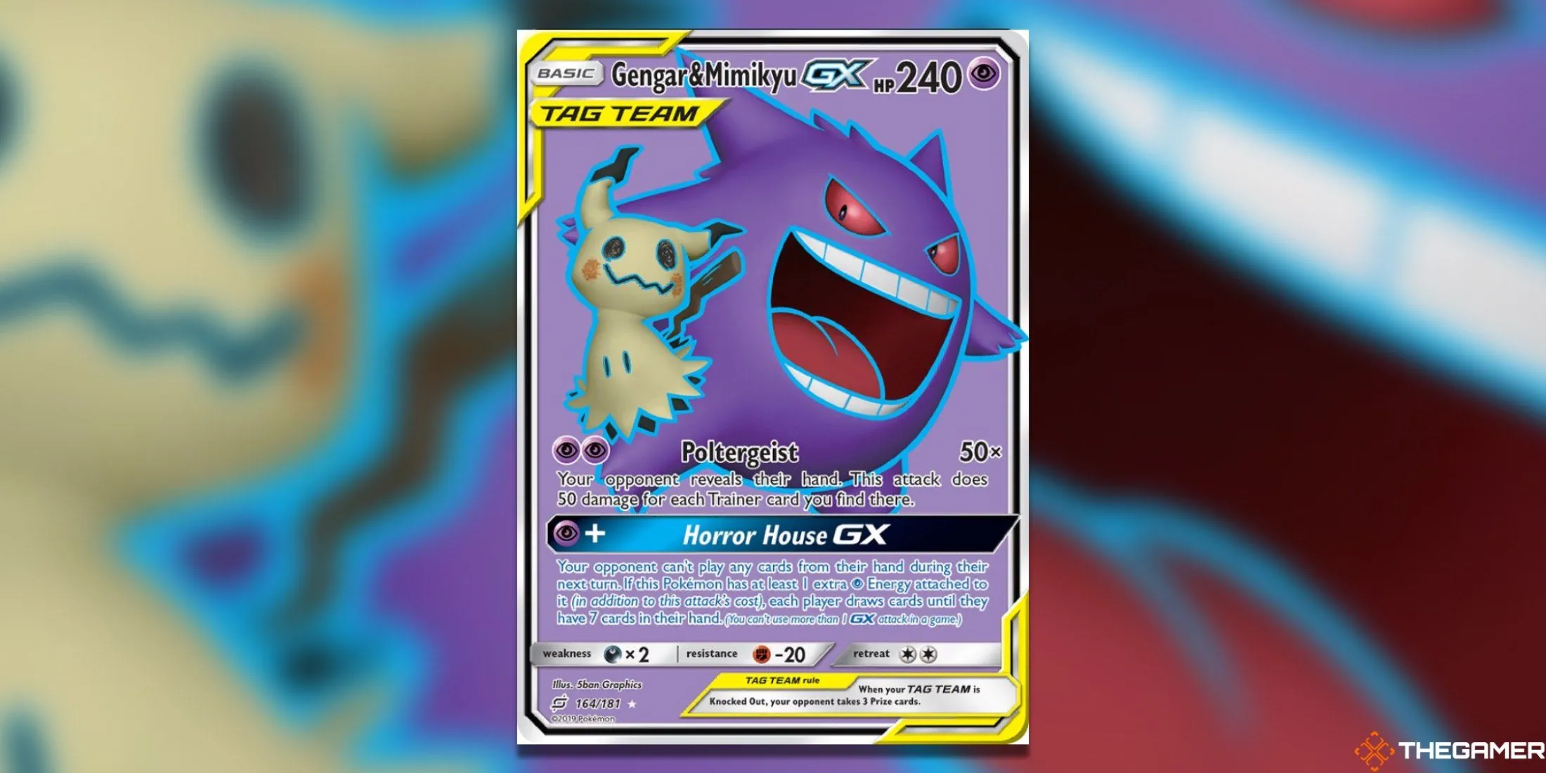 Thẻ bài Pokemon TCG Gengar &amp; Mimikyu GX Full Art từ set Team Up, thể hiện bộ đôi Ghost-type đình đám.