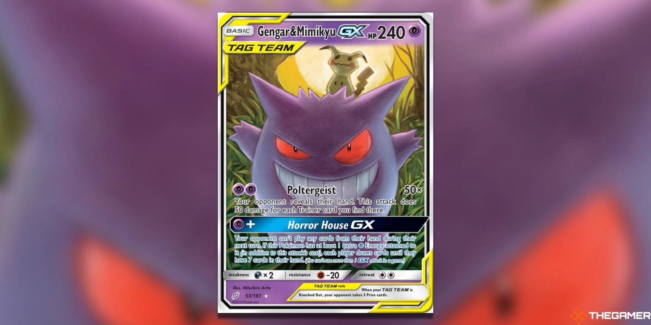 Thẻ bài Pokemon TCG Gengar &amp; Mimikyu GX Ultra Rare từ bộ Team Up, với Mimikyu ngồi trên đầu Gengar.