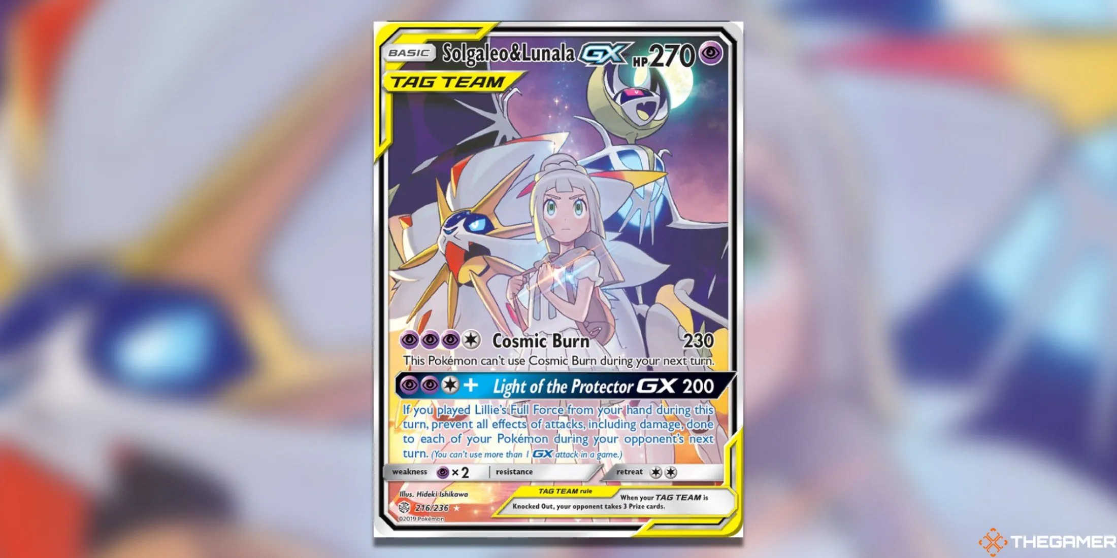 Thẻ bài Pokemon TCG Solgaleo &amp; Lunala GX Full Art từ Cosmic Eclipse, với sự xuất hiện của Lillie và hai Pokemon huyền thoại Alola.