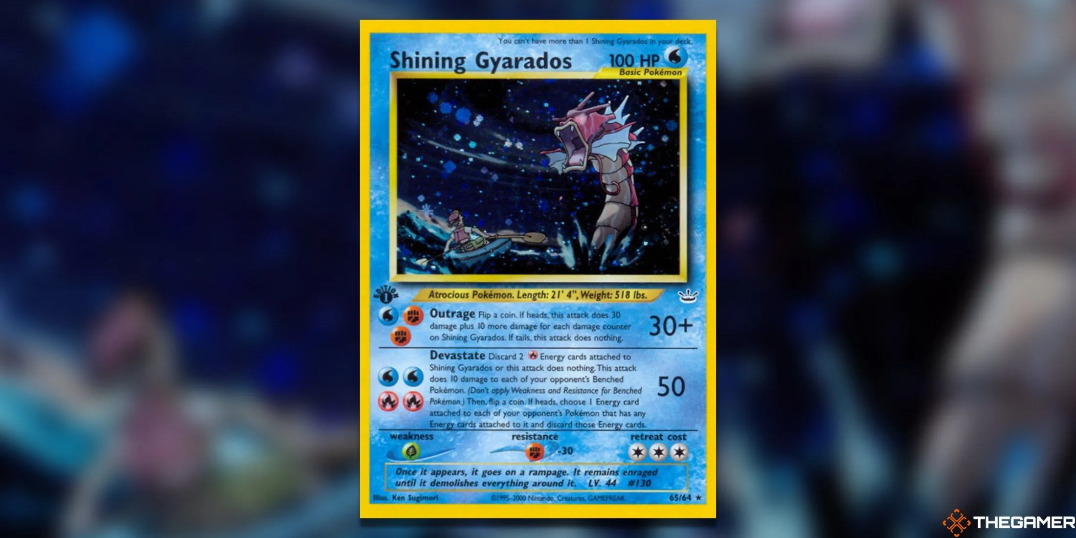 Thẻ bài Shining Gyarados từ bộ Neo Revelation của Pokemon TCG, nổi bật với màu sắc hiếm có và giá trị sưu tầm cao.
