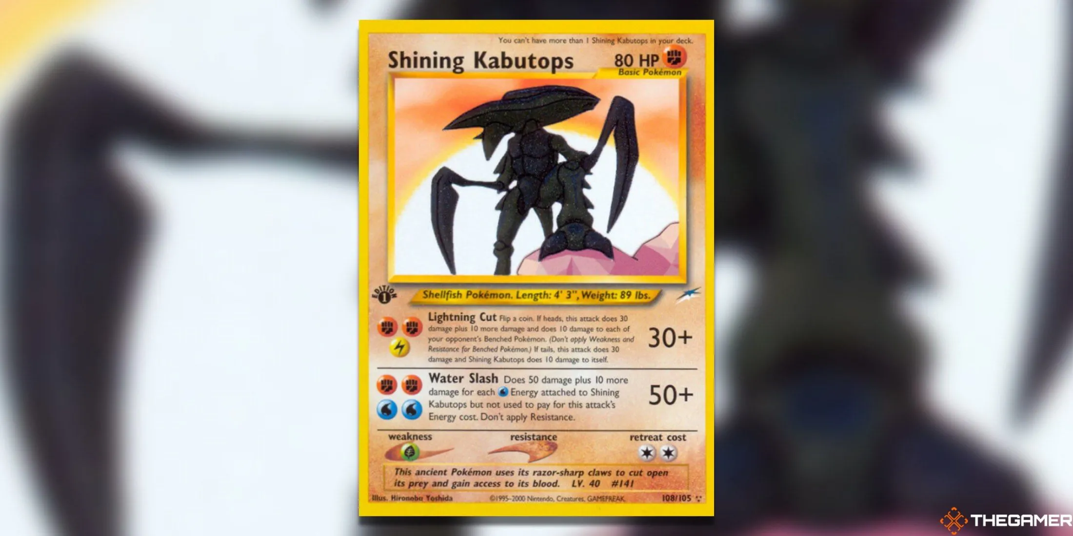 Thẻ bài Shining Kabutops từ bộ Neo Destiny của Pokemon TCG, một Secret Rare có giá trị ổn định trong cộng đồng sưu tầm.