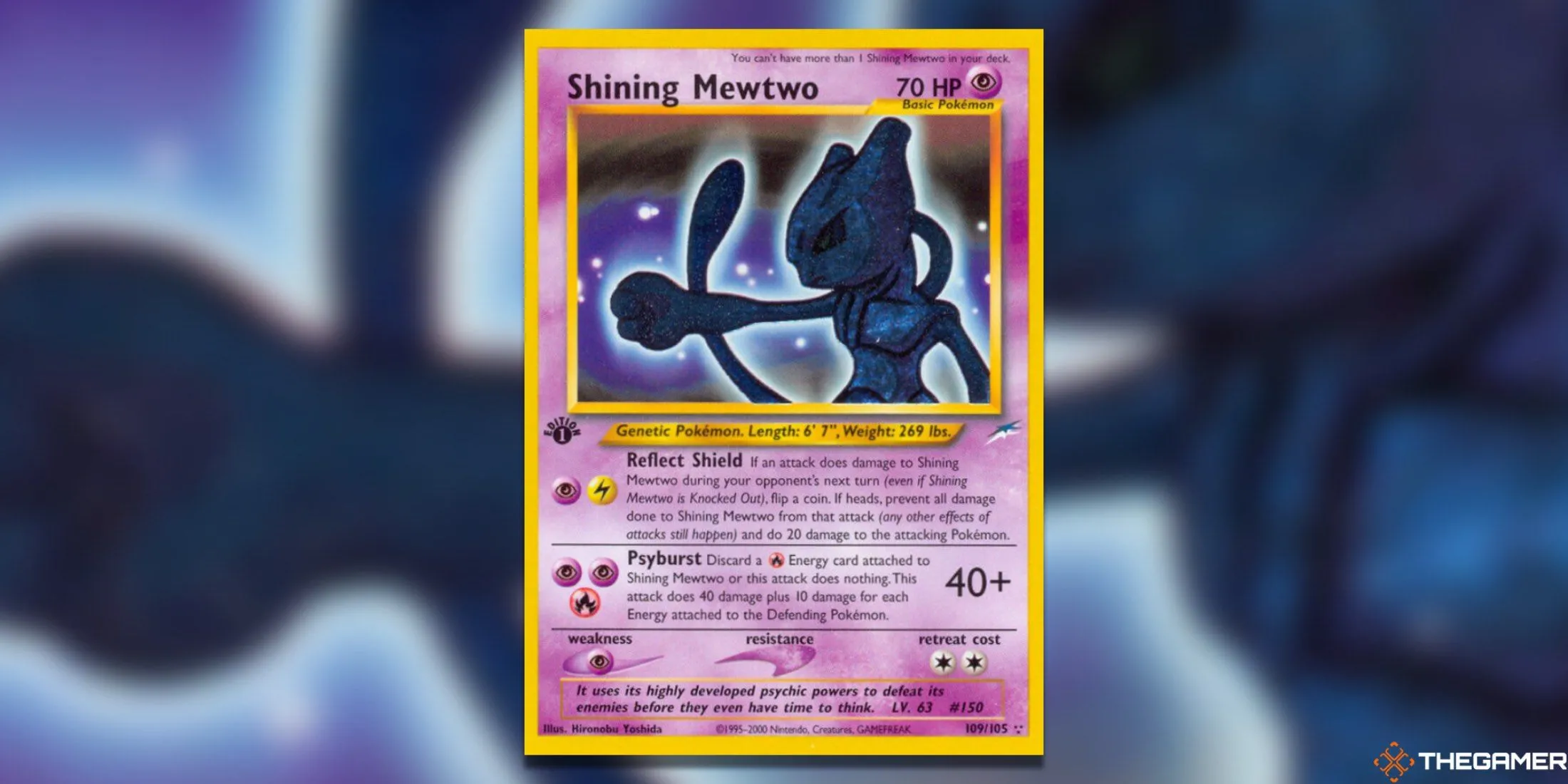 Thẻ bài Shining Mewtwo từ bộ Neo Destiny của Pokemon TCG, với hình ảnh Mewtwo chuẩn bị giải phóng năng lượng mạnh mẽ.