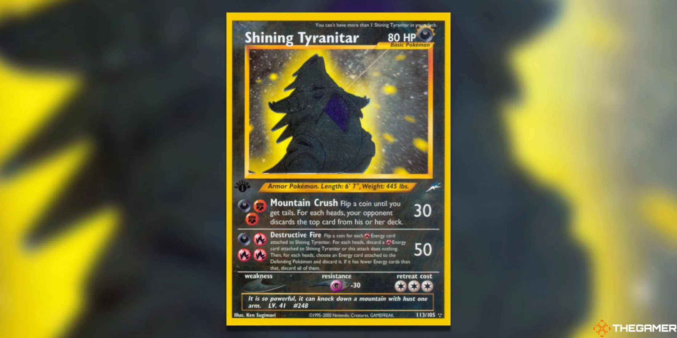 Thẻ bài Shining Tyranitar từ bộ Neo Destiny của Pokemon TCG, một Pokémon mạnh mẽ với giá trị sưu tầm ngày càng tăng cao.