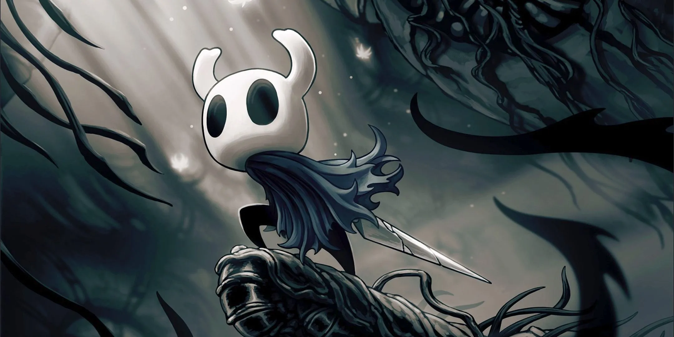 The Knight từ Hollow Knight cầm thanh Nail của mình, sẵn sàng chiến đấu.