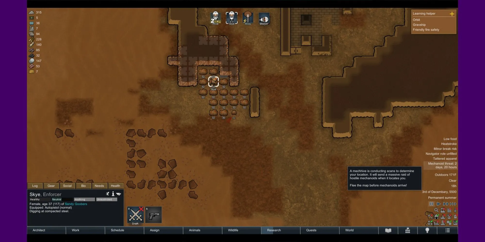 Thợ mỏ RimWorld đang khai thác thép trong khi có cảnh báo về Mechanoid