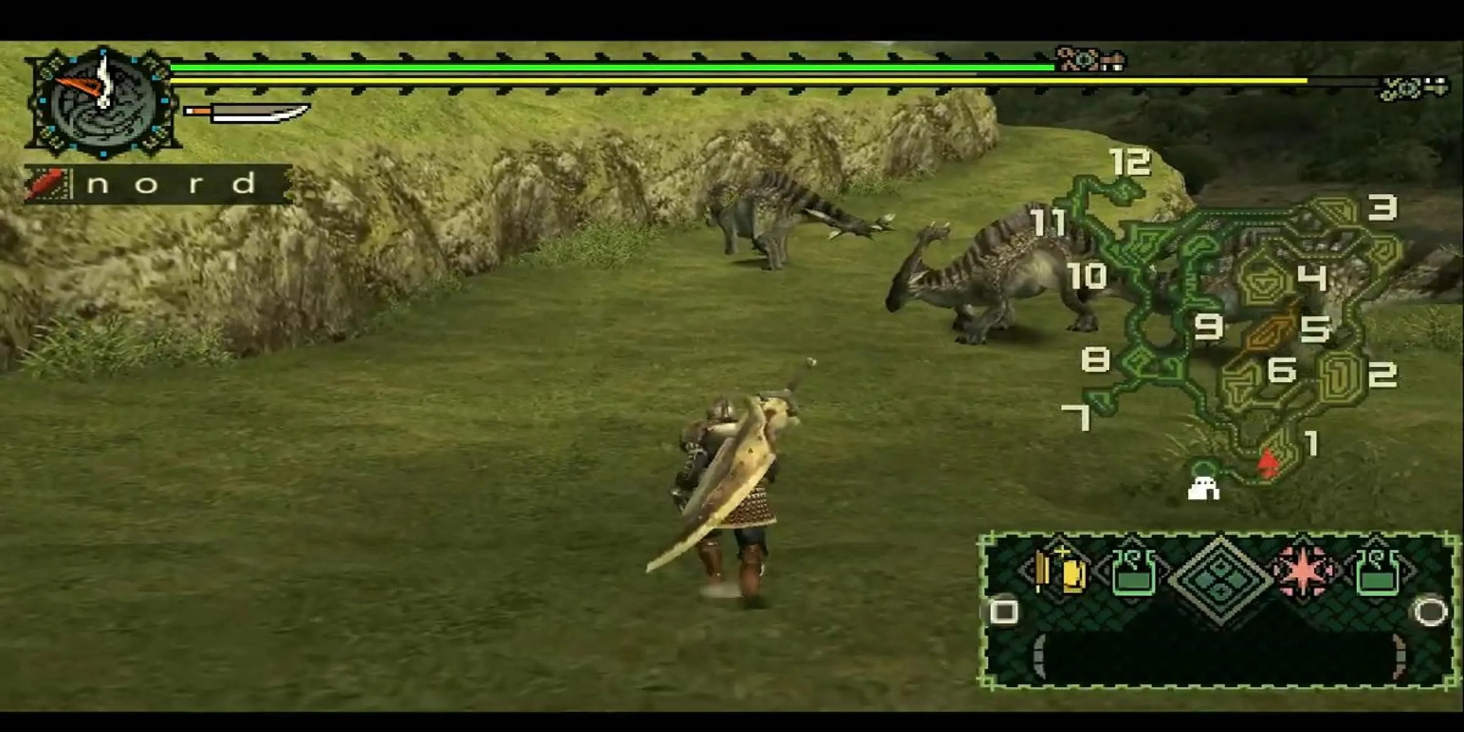 Thợ săn di chuyển giữa đồng cỏ rộng lớn với quái vật xung quanh trong Monster Hunter Freedom Unite, biểu tượng của gameplay săn quái co-op trên PSP