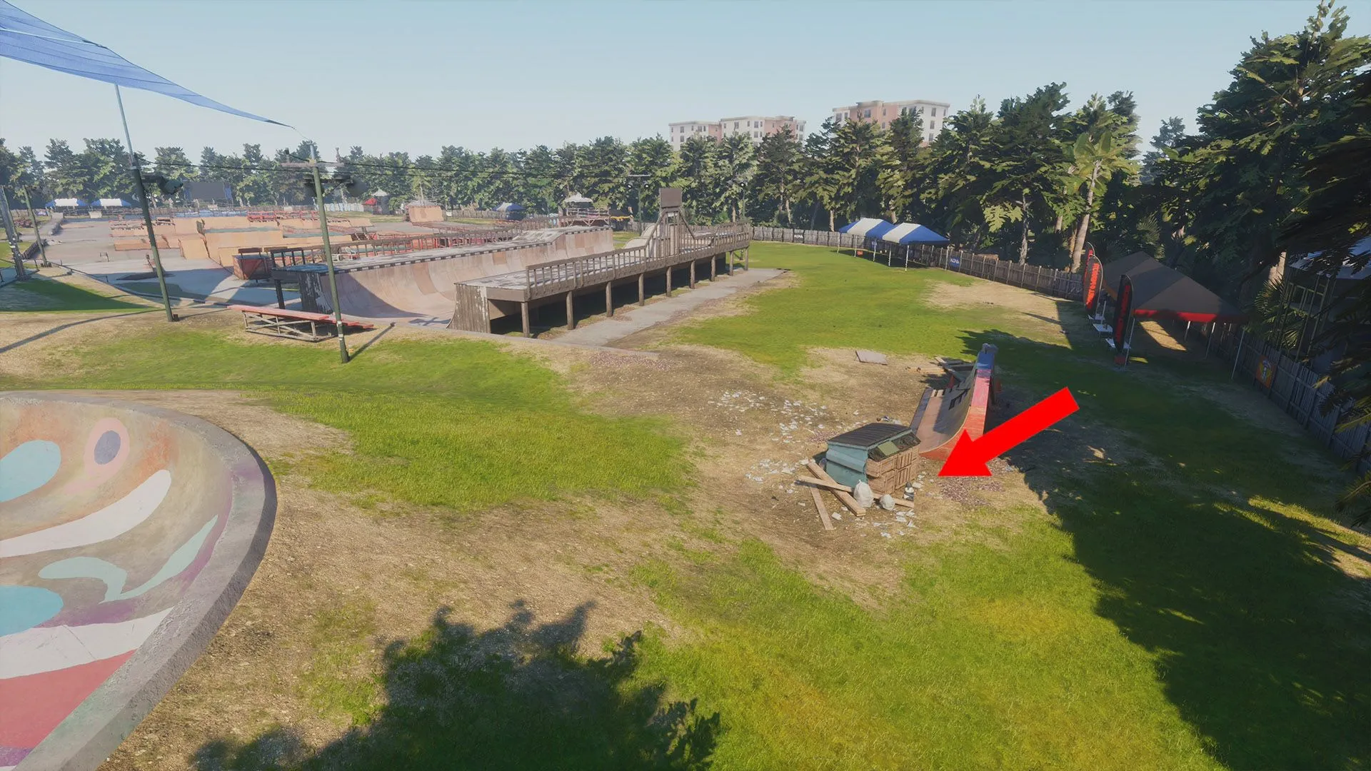 Thú nhồi bông panda ẩn sau thùng rác lớn cạnh halfpipe ở bản đồ Kona Tony Hawk's Pro Skater 3 + 4