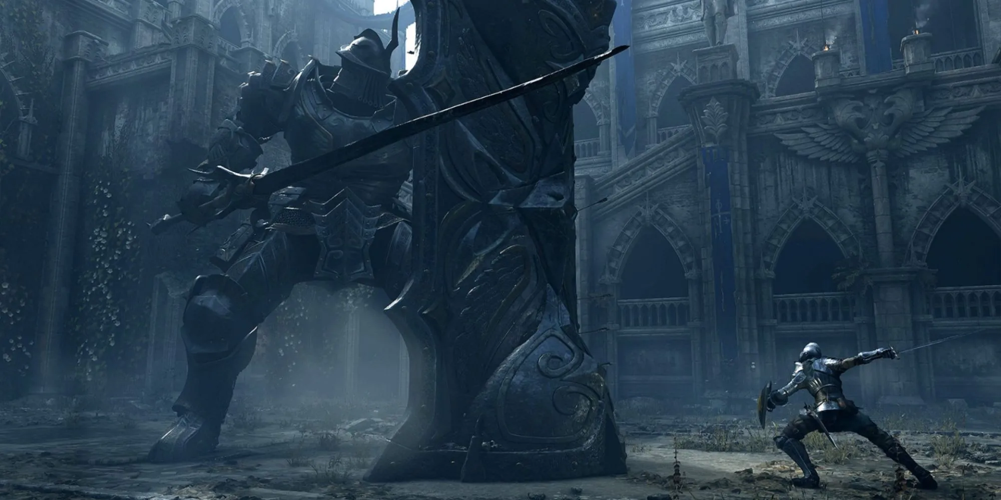 Tower Knight, người khổng lồ áo giáp với khiên lớn và giáo dài, trong trận chiến căng thẳng ở Demon's Souls.