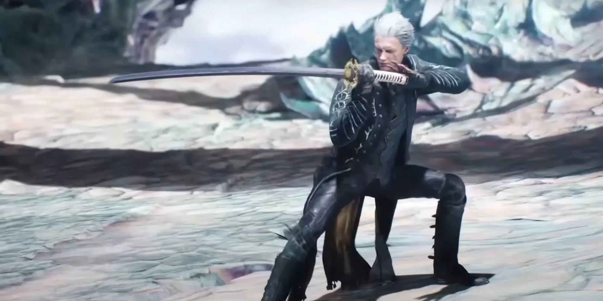 Vergil trong trailer Devil May Cry 5, tạo dáng đầy uy lực với thanh katana Yamato giữa khung cảnh tuyết trắng, toát lên phong thái bá đạo.