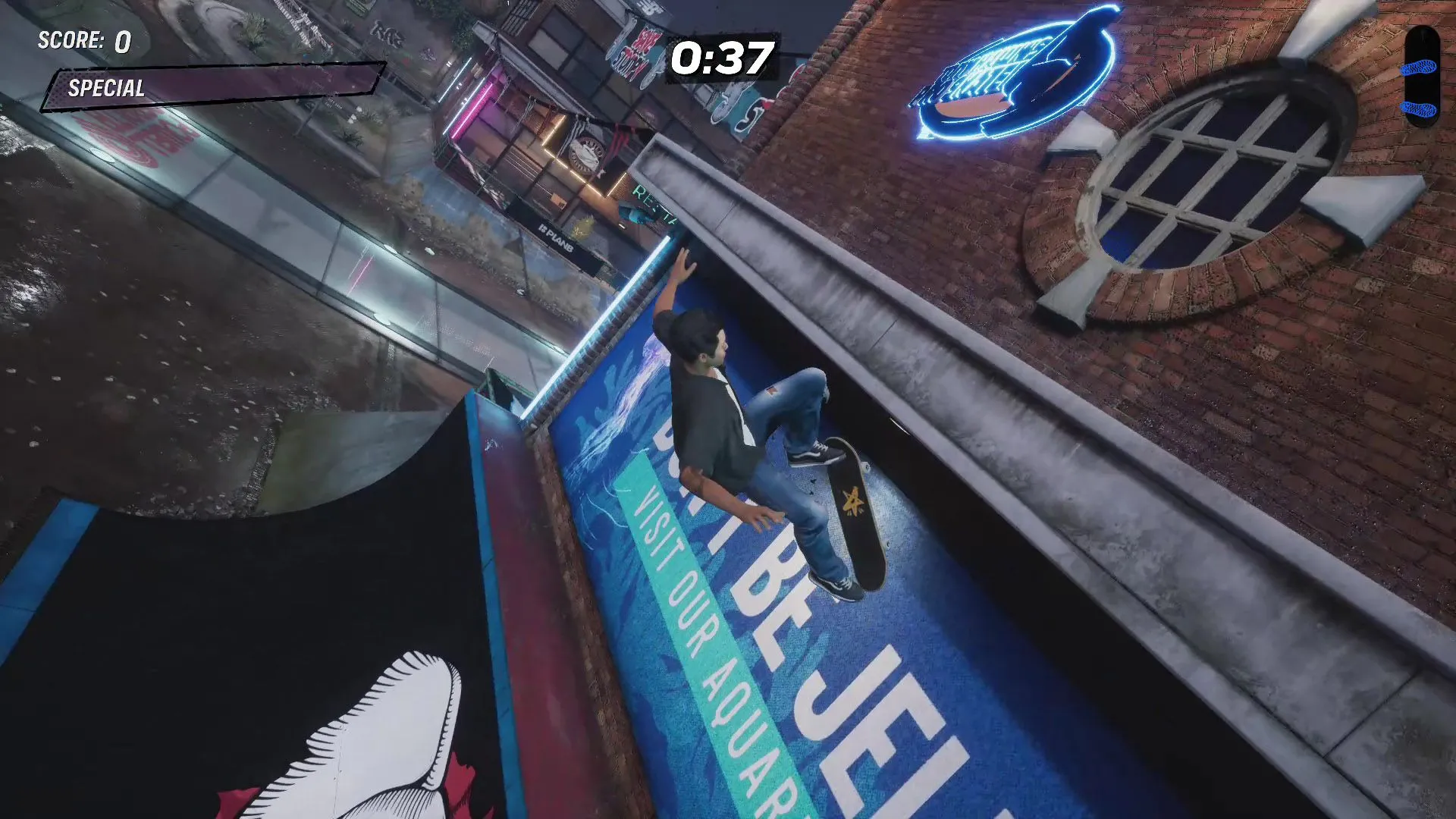 Vị trí Stat Point đầu tiên trên đỉnh dốc ngay sau đài phun nước voi, dễ dàng tiếp cận trong màn Zoo Tony Hawk's Pro Skater 3 + 4.