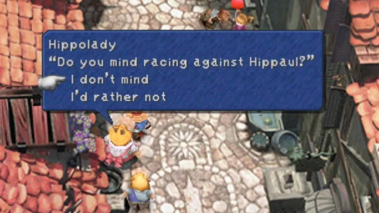 Vivi nói chuyện với Hippolady và Hippaul chuẩn bị cho cuộc đua trong Final Fantasy 9.