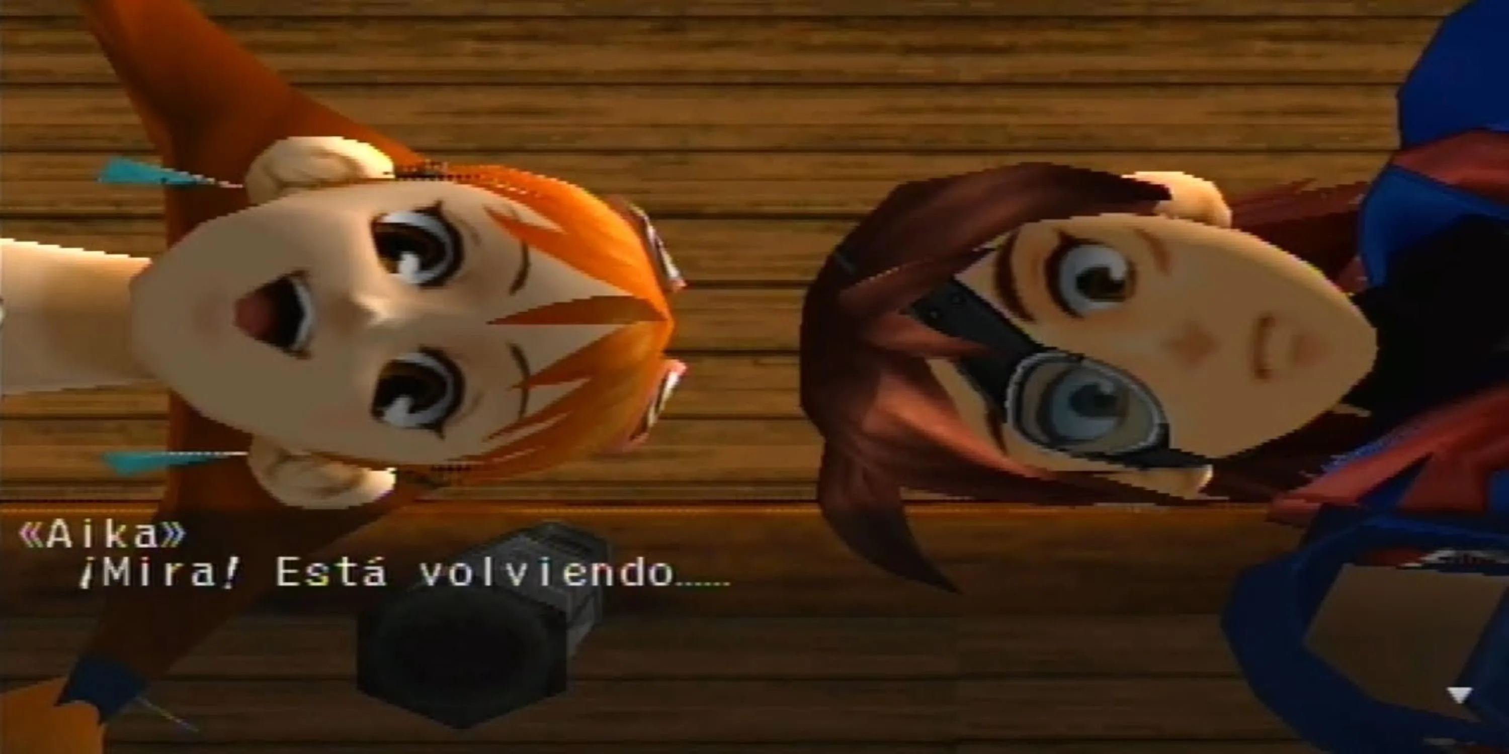 Vyse và Aika nhìn xuống trong Skies of Arcadia Legends, cảnh quan thế giới trên không