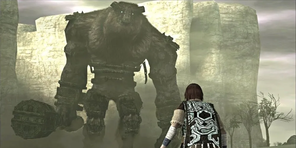 Wander đối mặt với Colossus đầu tiên Valus trong Shadow of the Colossus, thể hiện sự hùng vĩ và cô độc của thế giới game.