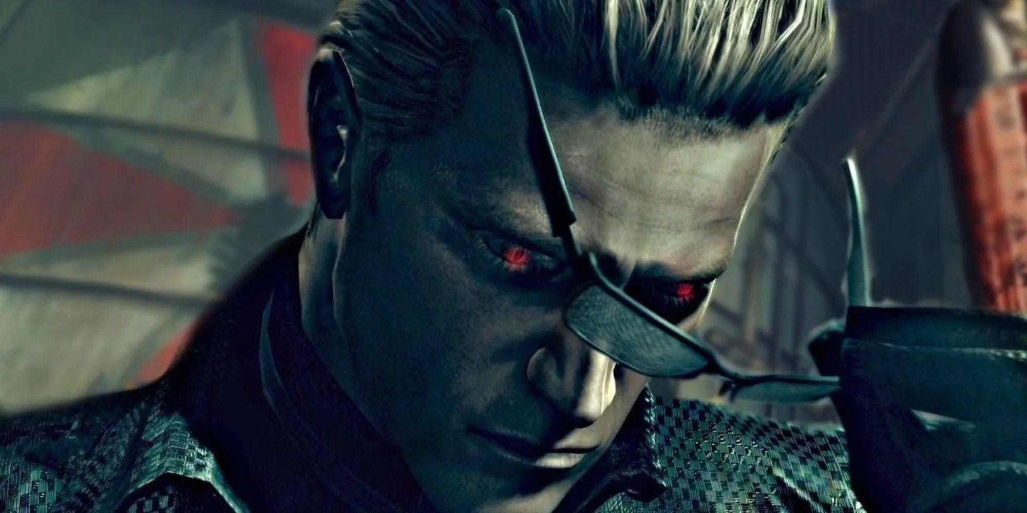 Wesker tháo kính lộ mắt đỏ đặc trưng trong Resident Evil 5, biểu tượng của sự thay đổi.
