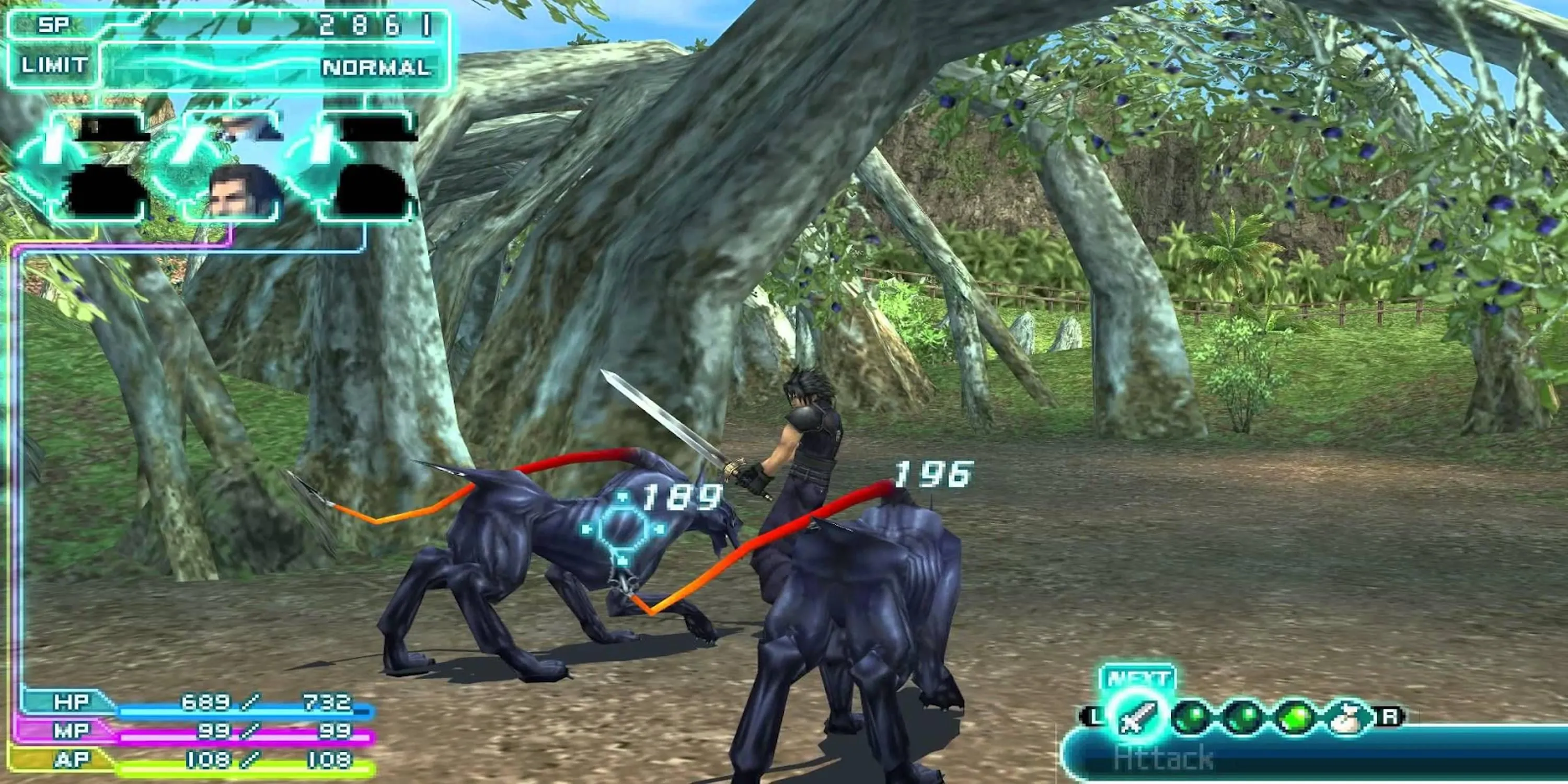 Zack Fair chiến đấu với quái vật hình chó trong Crisis Core: Final Fantasy VII, thể hiện hệ thống chiến đấu hành động của game