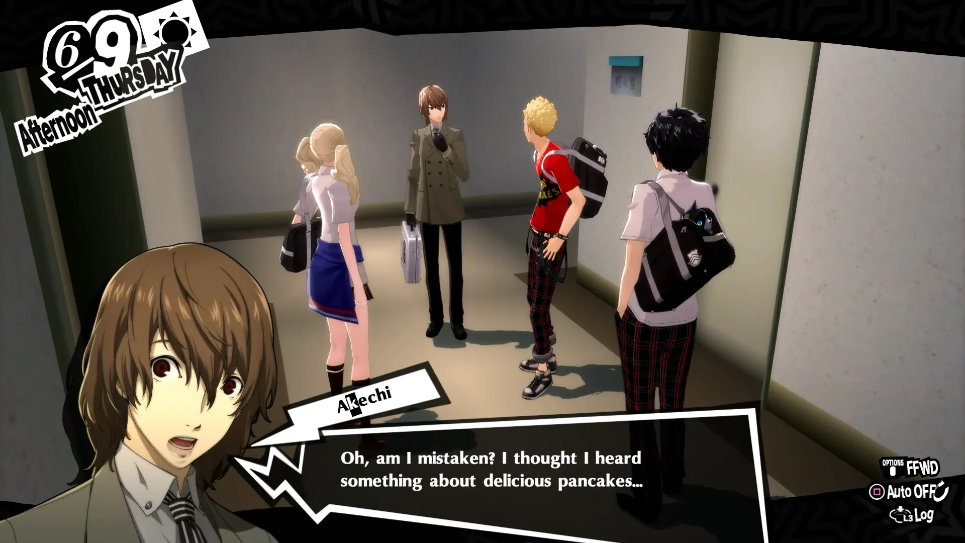 Akechi Goro trong Persona 5 với biểu cảm tự mãn khi nhắc đến bánh pancake, một chi tiết gợi ý về thân phận kẻ phản bội