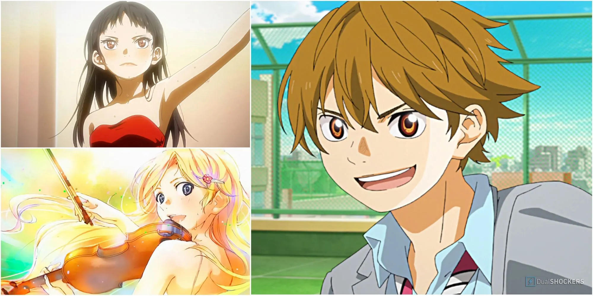 Ba nhân vật chính Emi Igawa, Kaori Miyazono và Kousei Arima trong khoảnh khắc trình diễn âm nhạc, biểu tượng cho những mối quan hệ và sự chữa lành không trọn vẹn trong Your Lie in April.
