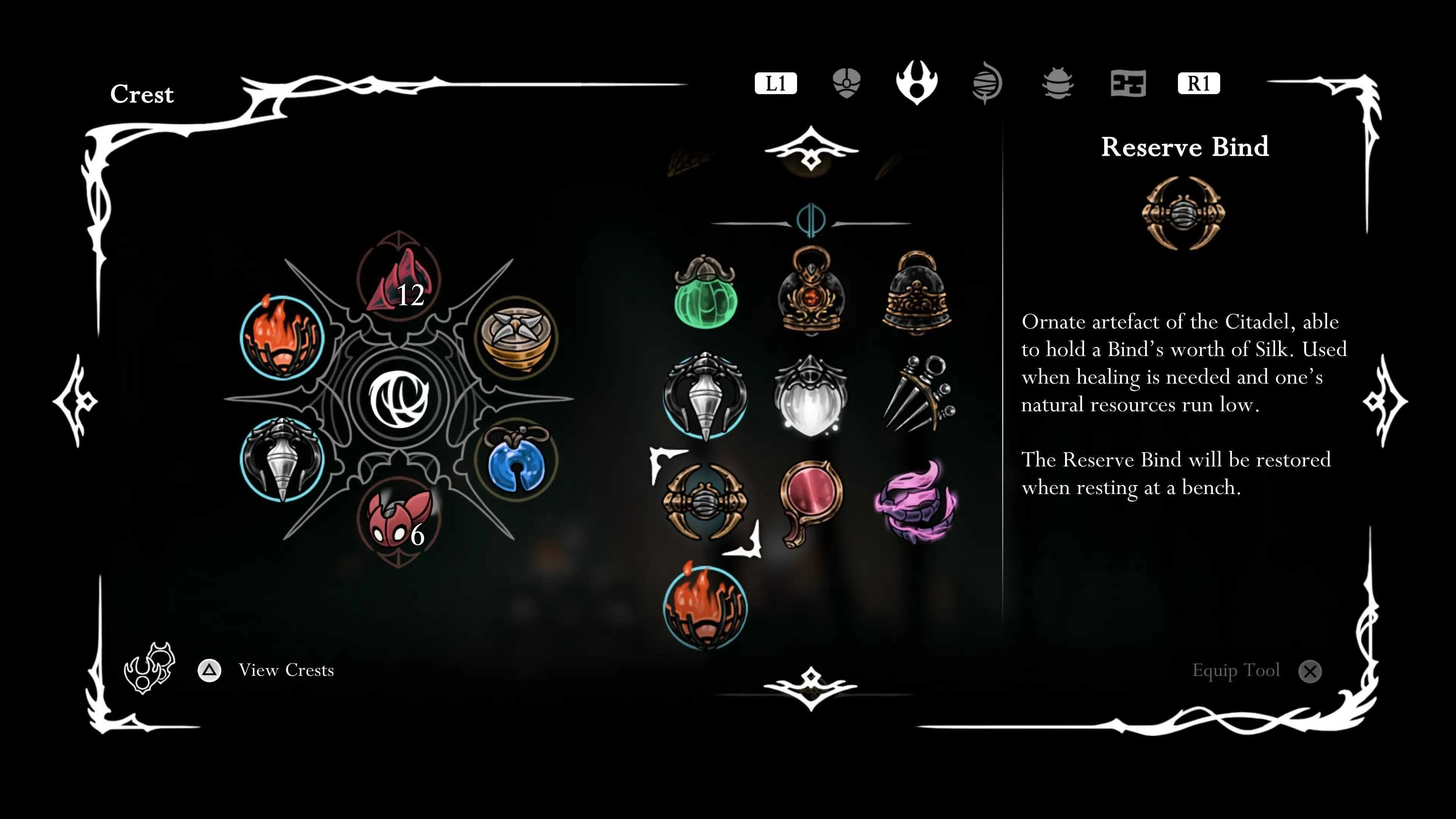 Biểu tượng công cụ Reserve Bind, vật phẩm chủ chốt tăng cường khả năng hồi Silk trong Hollow Knight Silksong.
