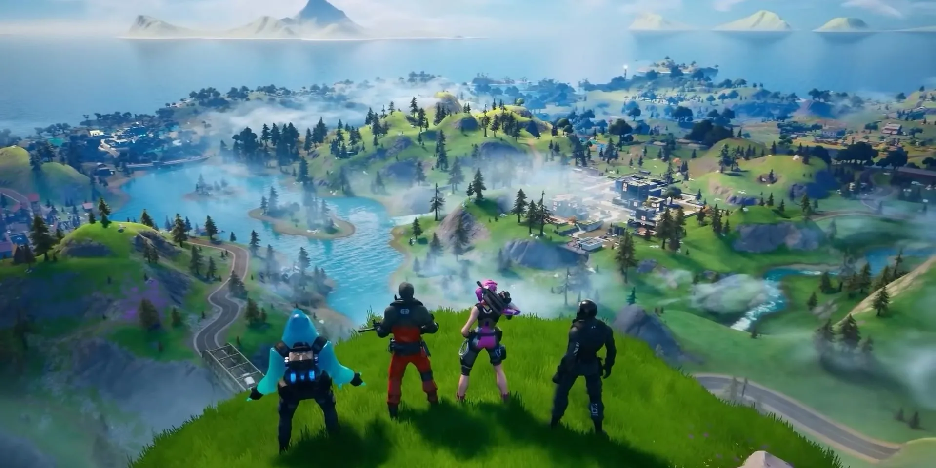 Các nhân vật Fortnite đứng trên đỉnh đồi, tượng trưng cho chiến thắng và vị thế dẫn đầu