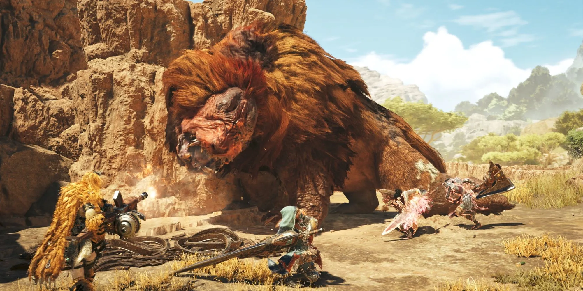 Cảnh chiến đấu hoành tráng trong Monster Hunter Wilds, cho thấy một thợ săn đối đầu với quái vật khổng lồ.