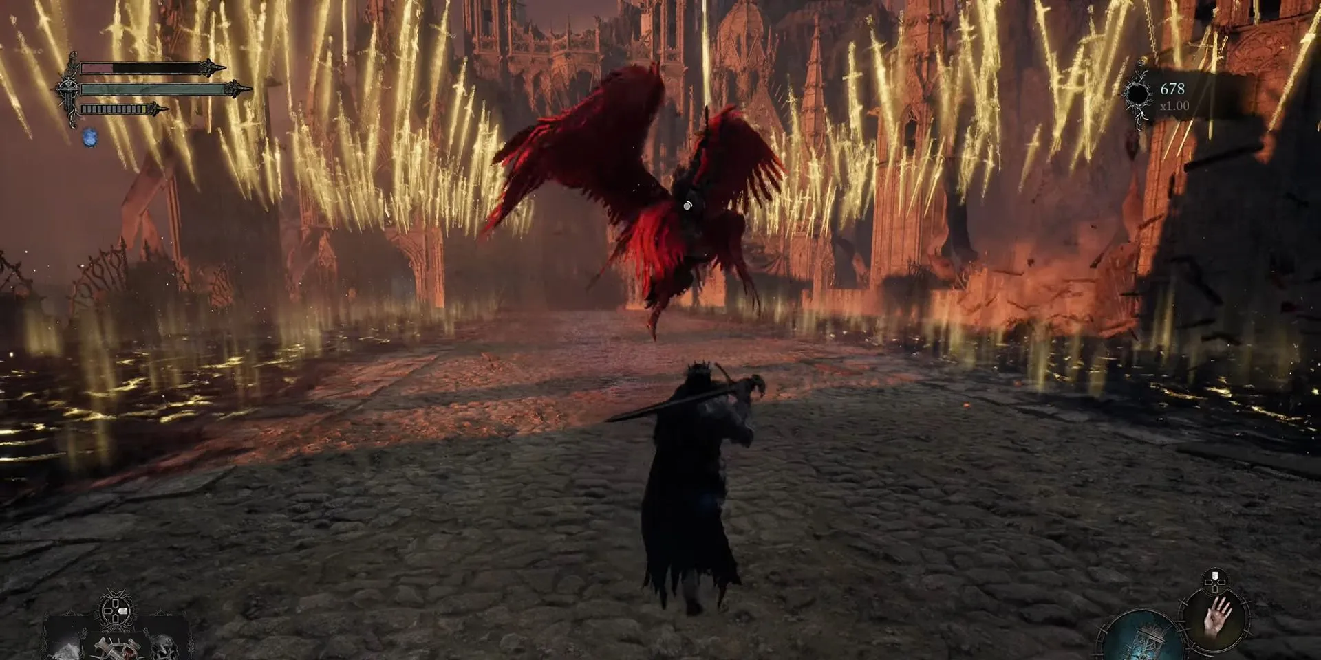 Chiến binh rực lửa đối đầu với Peita khổng lồ trong thế giới tối tăm của Lords of the Fallen (2023), thể hiện thiết kế kẻ thù ấn tượng.