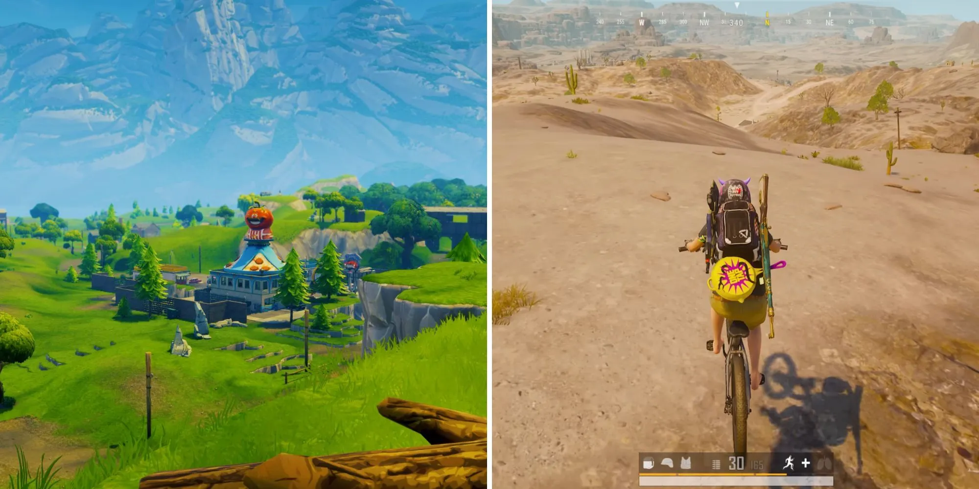 Đồ họa Fortnite tươi sáng, đầy màu sắc với các địa điểm nổi bật, thể hiện sự phát triển hình ảnh của game