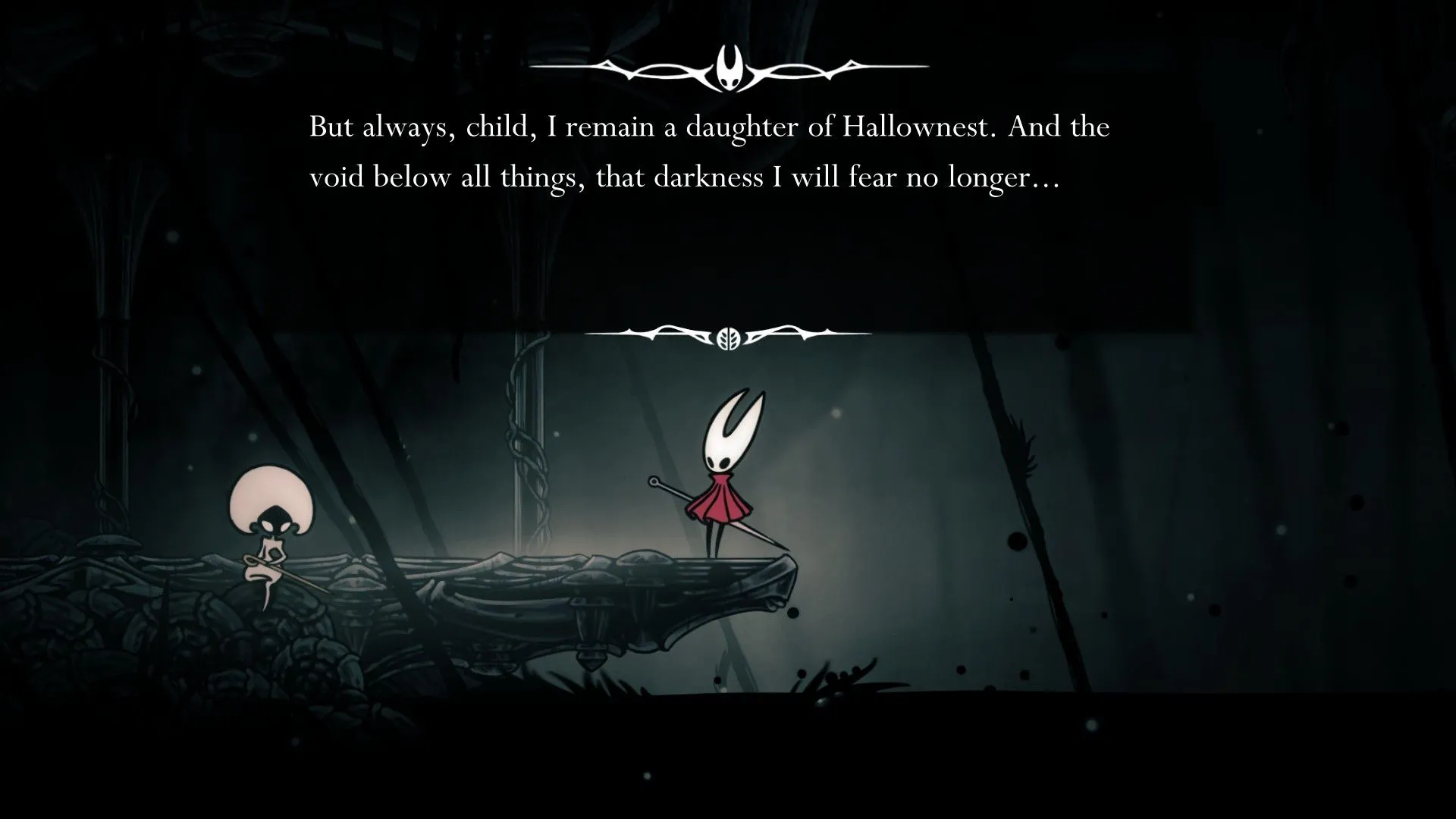 Đoạn hội thoại &quot;Daughter of Hallownest&quot; trong Hollow Knight Silksong, hình ảnh Hornet đối mặt với Lost Lace trong trạng thái Void.