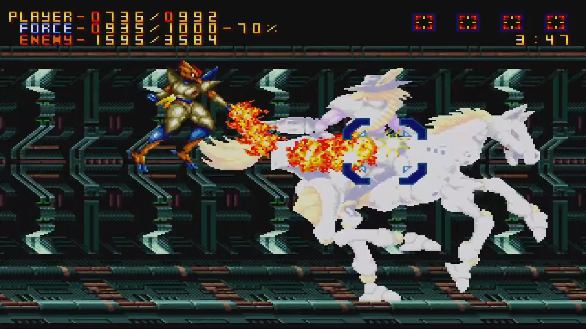 Epsilon Eagle chiến đấu với Wolfgunblood, một boss robot ấn tượng trong Alien Soldier