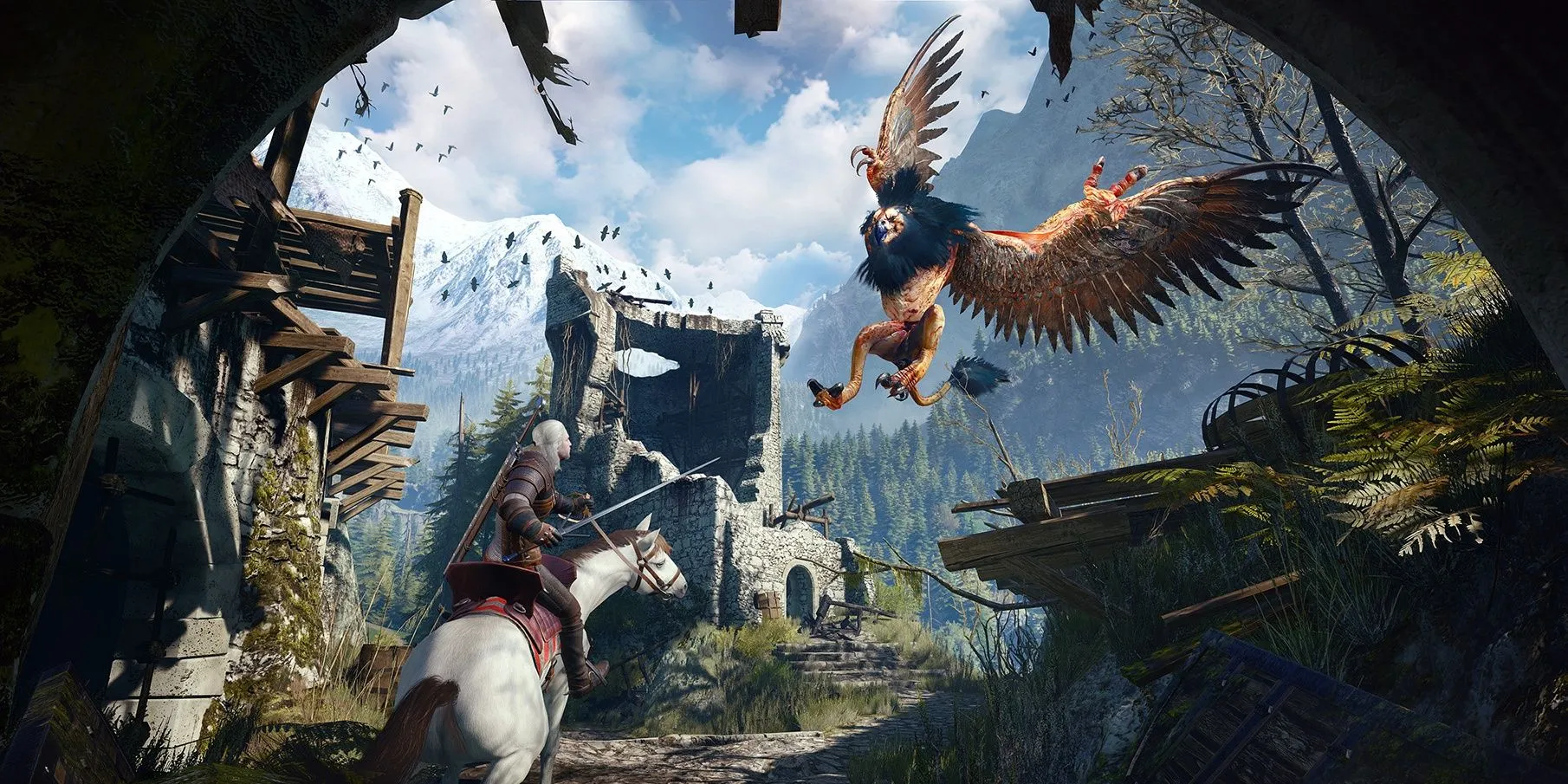 Geralt of Rivia chiến đấu với quái vật trong thế giới mở rộng lớn của The Witcher 3, minh họa gameplay hành động kịch tính