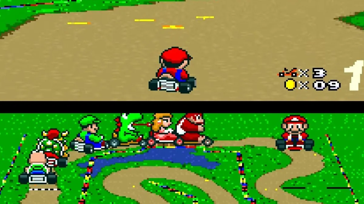 Giao diện đua xe trong Super Mario Kart với hiệu ứng Mode 7