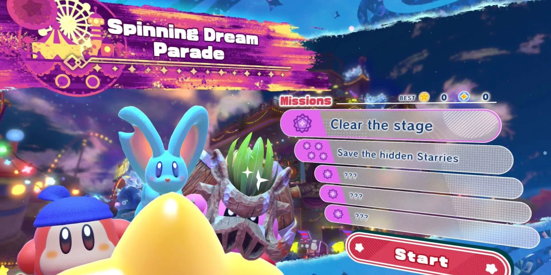 Giao diện mục tiêu nhiệm vụ ẩn trong Kirby Star-Crossed World, yêu cầu người chơi khám phá lại màn chơi để hoàn thành