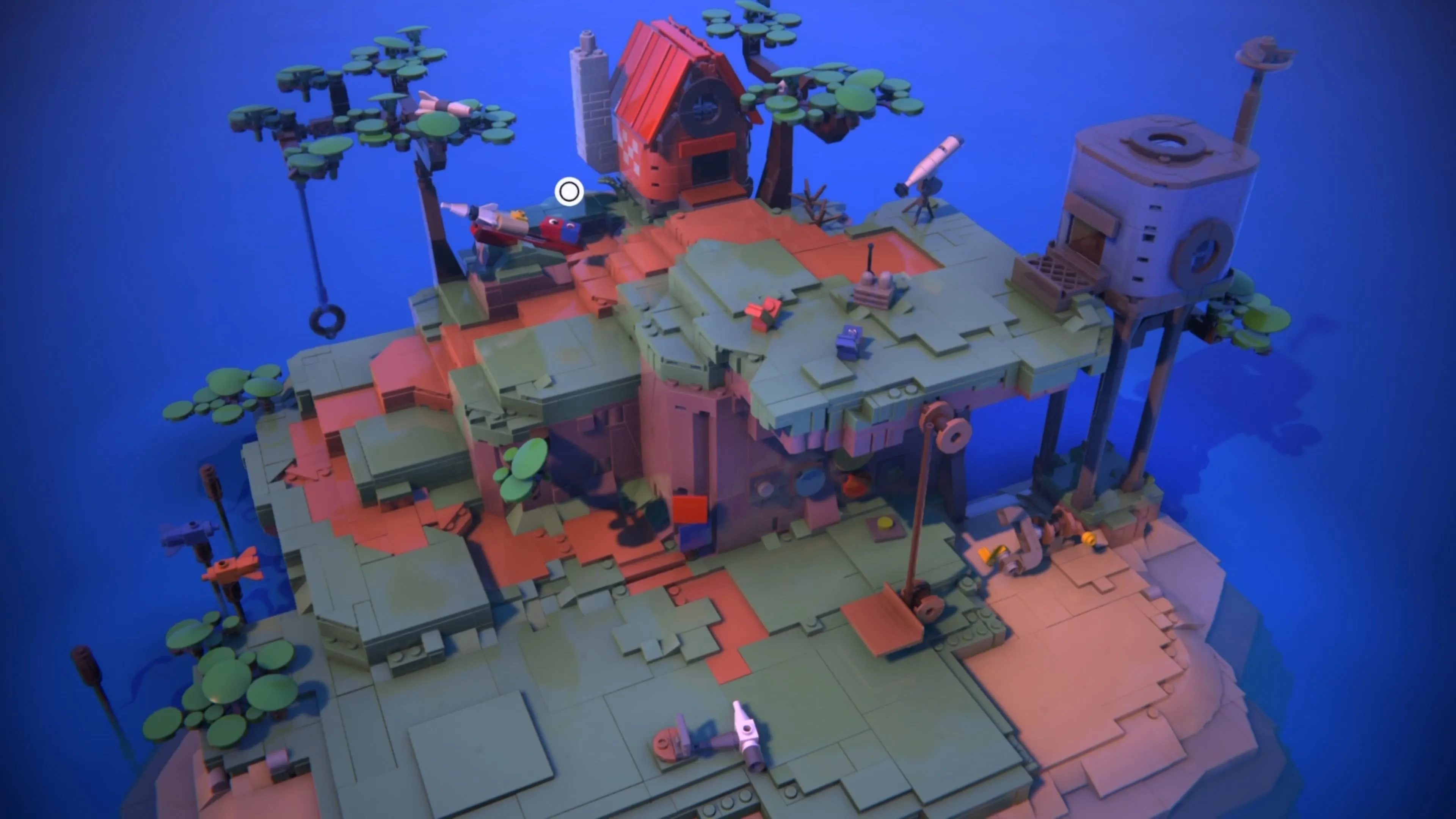 Hai nhân vật LEGO Red và Blue đang tương tác với tên lửa đồ chơi trên đảo nhà, một phần trong nhiệm vụ săn Trophy.