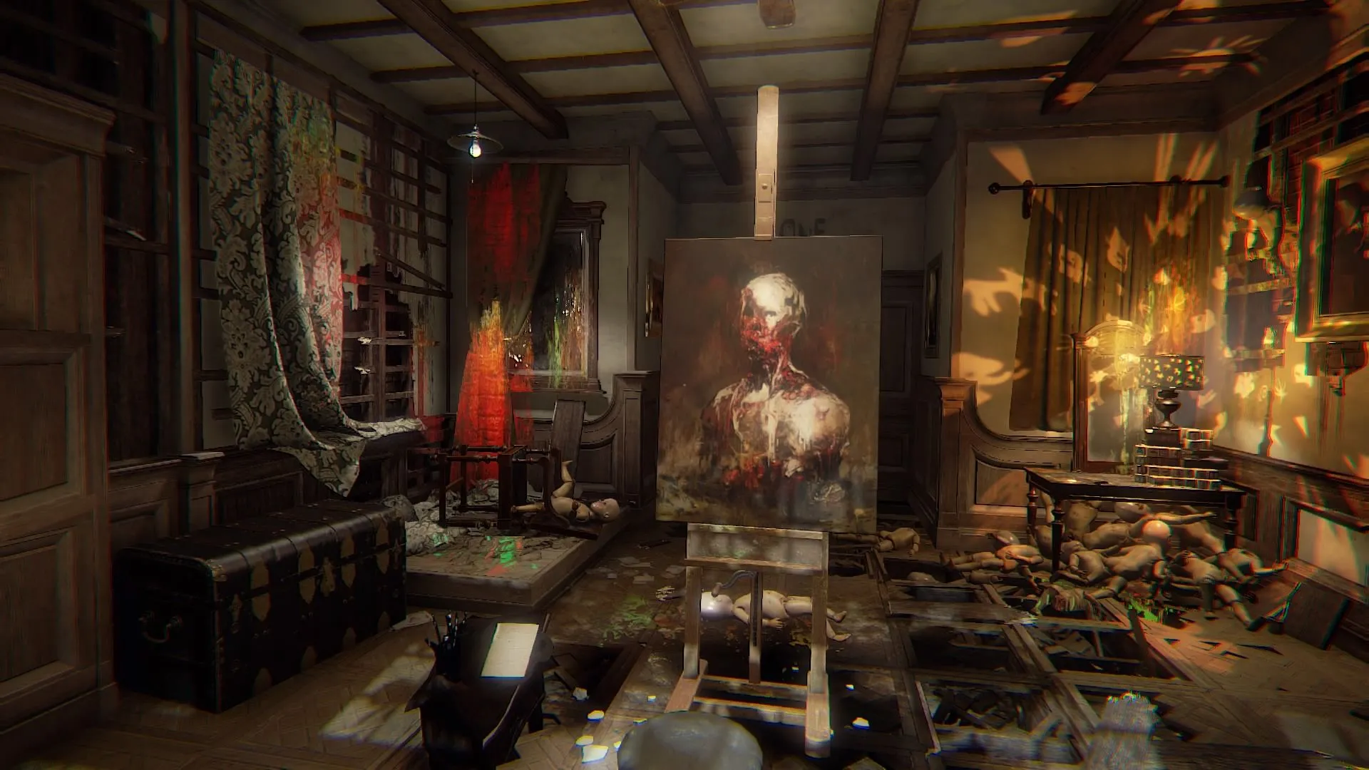 Hình ảnh đồ họa từ Layers of Fear, miêu tả một căn phòng tối tăm với các bức tranh và đồ vật nội thất mang phong cách cổ điển, gợi cảm giác ám ảnh.