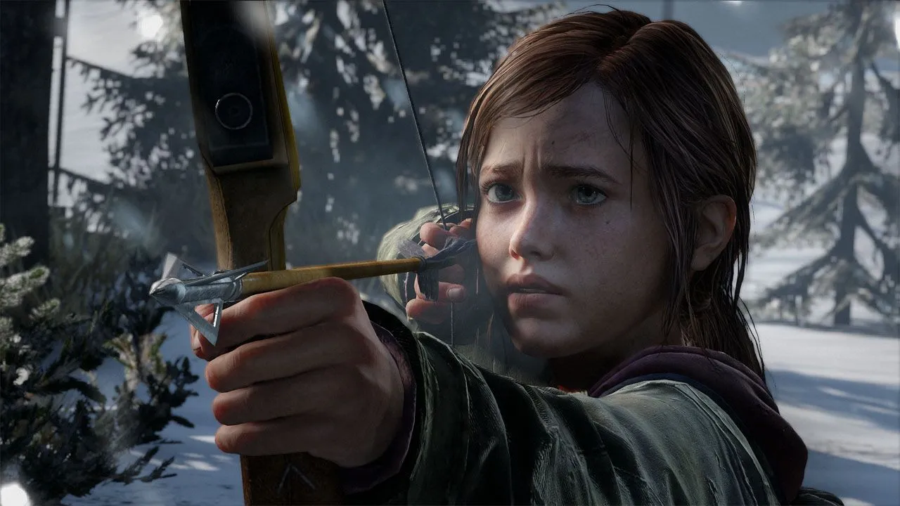 Hình ảnh Ellie từ The Last of Us, đang kéo cung để tự vệ trong bối cảnh mùa đông khắc nghiệt, gương mặt thể hiện sự quyết tâm và bấp bênh trong thế giới hậu tận thế.