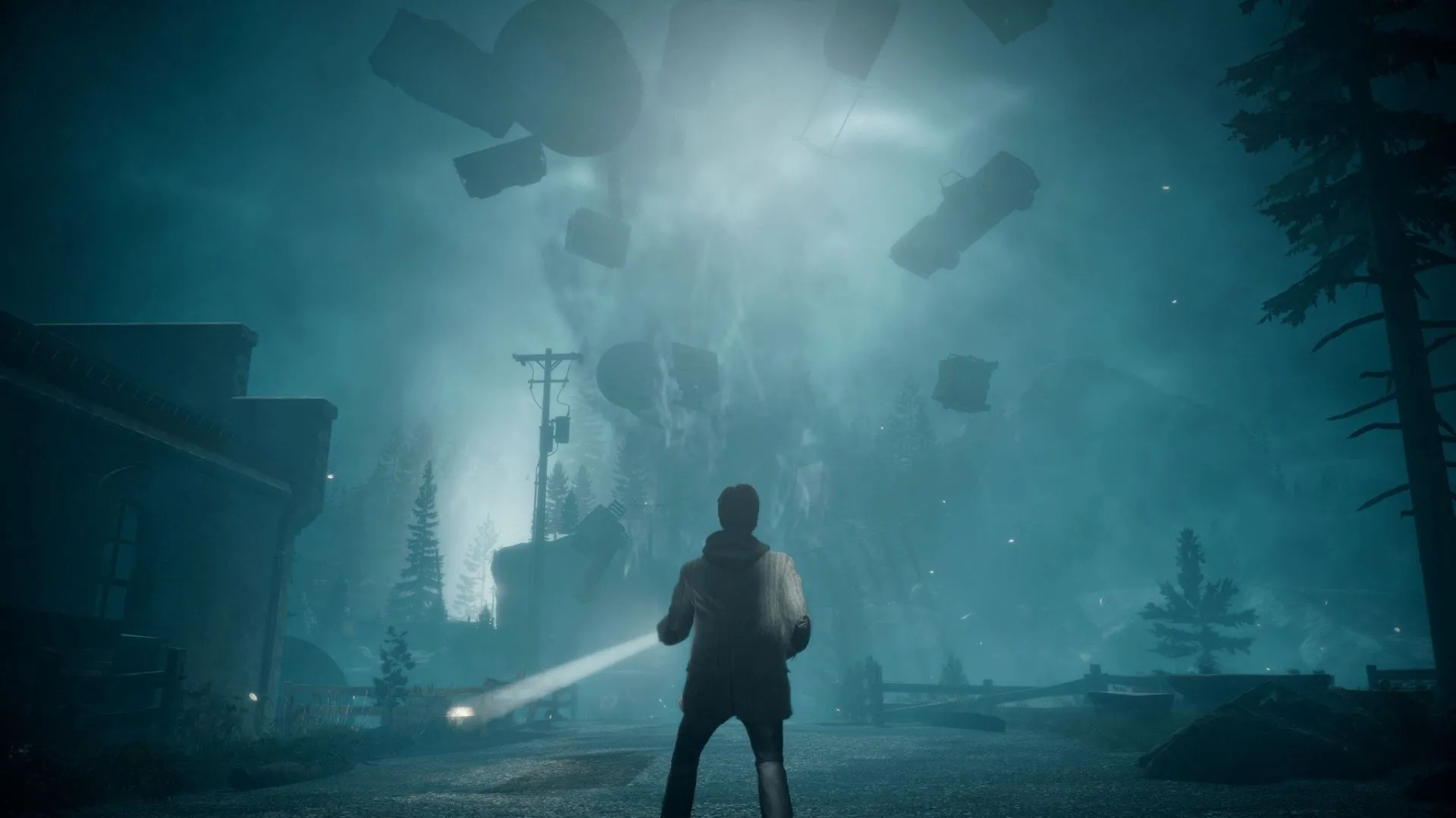 Hình ảnh nhân vật Alan Wake đang chạy trốn trong khu rừng tối tăm, ánh sáng đèn pin rọi vào những sinh vật bóng tối, tạo không khí căng thẳng và kinh dị.