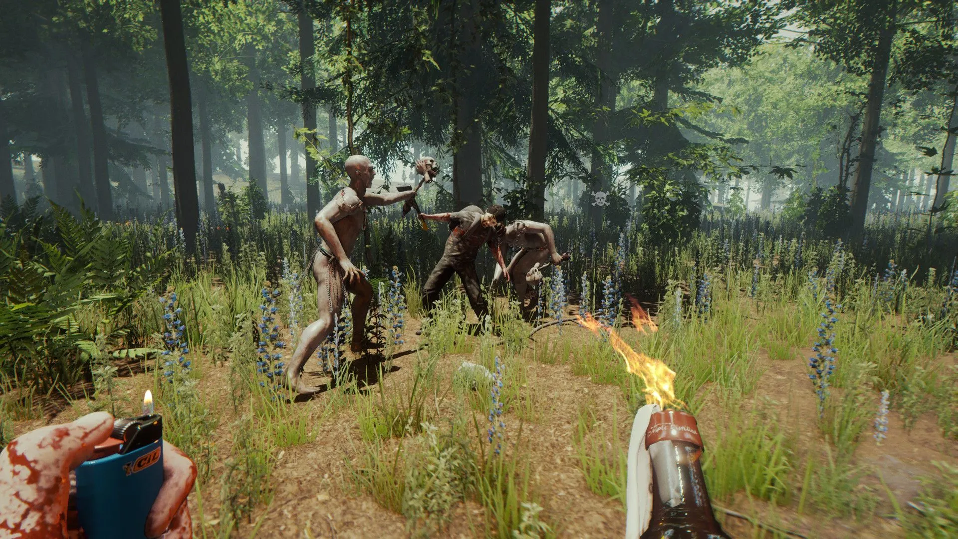 Hình ảnh trong game The Forest, với nhân vật chính đang đứng giữa khu rừng hoang sơ, xung quanh là cây cối rậm rạp và một cấu trúc gỗ do người chơi xây dựng, gợi cảm giác sinh tồn và khám phá.
